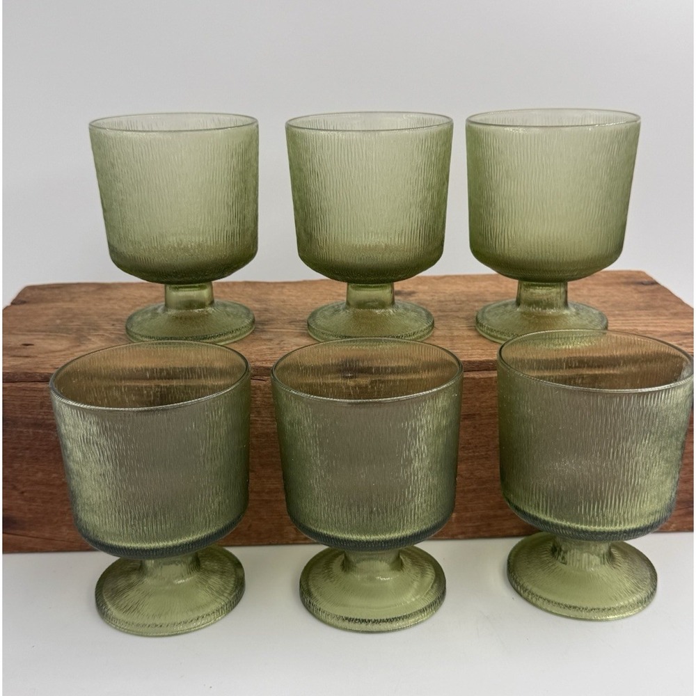 Vintage‎ Libbey Olive Green Textured Footed Juice Glasses Set of 6 MCM